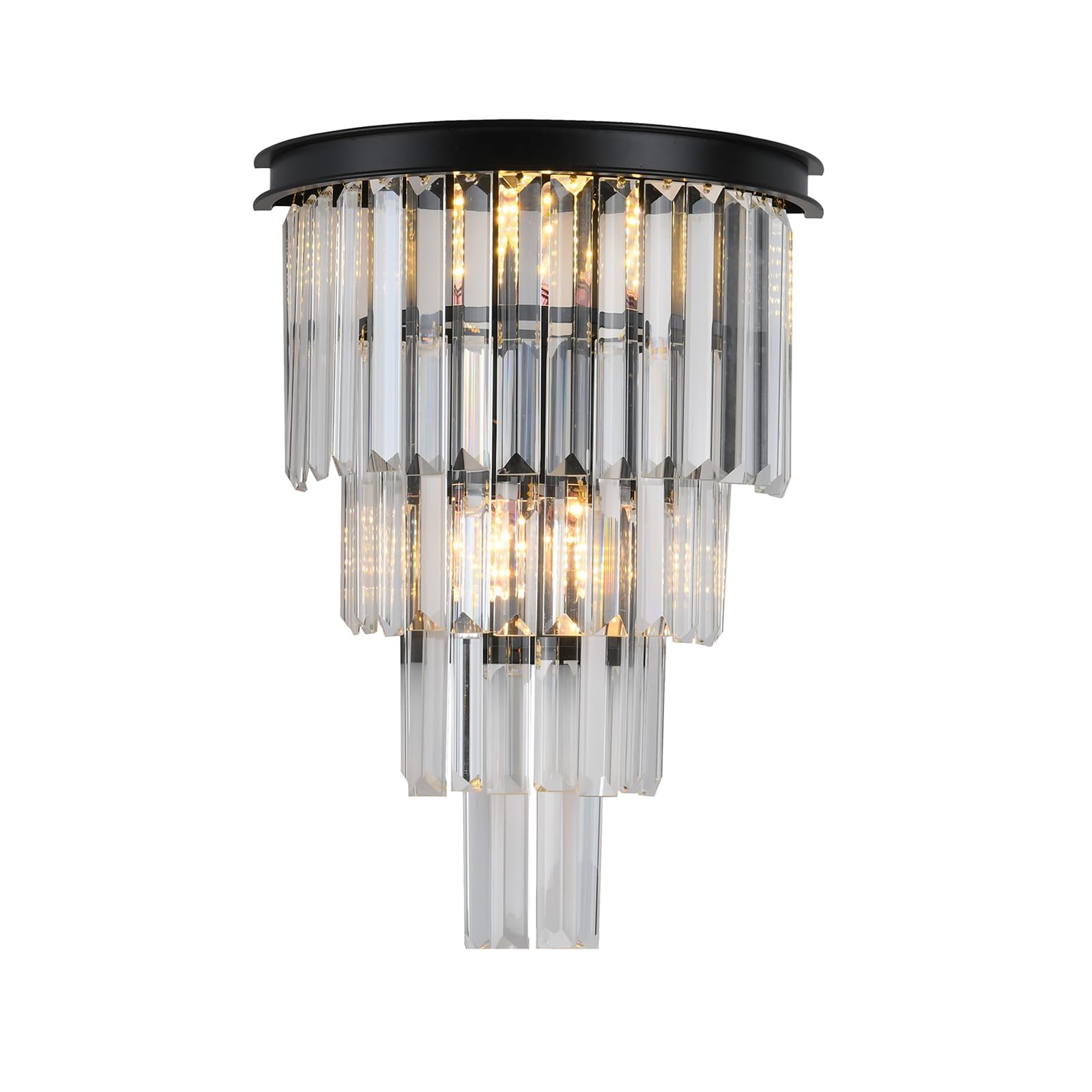Photo 1 of DOYFDOX Black Crystal Wall Sconce, Modern 4-Tiers K9 Clear Crystal Wall Light Bedside Wall Mount Lamp for Living Room Bedroom Mirror Dining Room Hallway Foyer Lighting Fixture