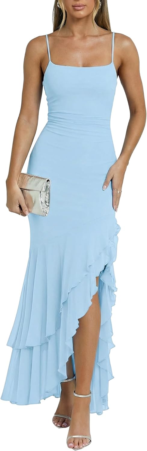 Kaximil Women's Sexy Spaghetti Strap Maxi Dresses Ruched Bodycon Ruffle Mermaid Cocktail Wedding Guest Dress 2026