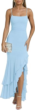 Kaximil Womens Sexy Spaghetti Strap Maxi Dresses Ruched Bodycon Ruffle Mermaid Cocktail Wedding Guest Dress 2026