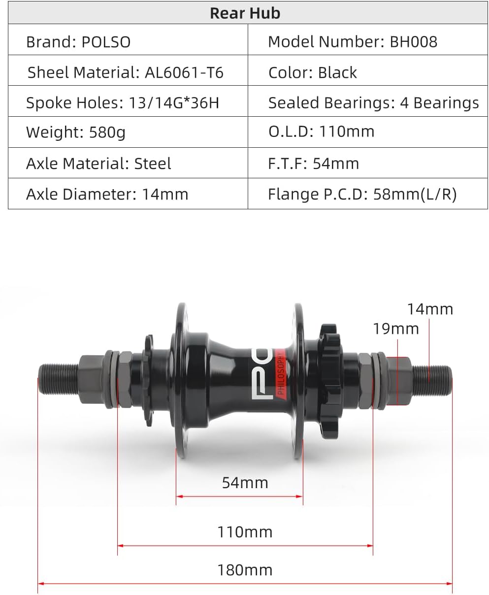 POLSO BMX Rear Hub Single Disc Brake 9T Cassette 36H 14mm Axle for Dirt Jump Street and 4X BMX Bikes
