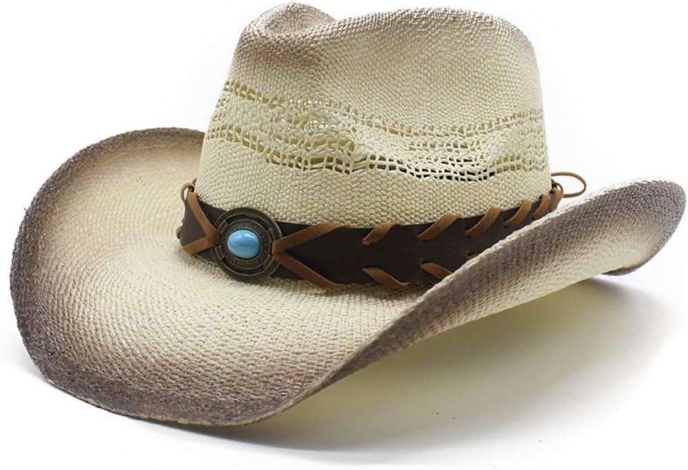 Western Cowboy Hat with Tribal Band, Bull Skull Ornament, Straw Woven, Beige