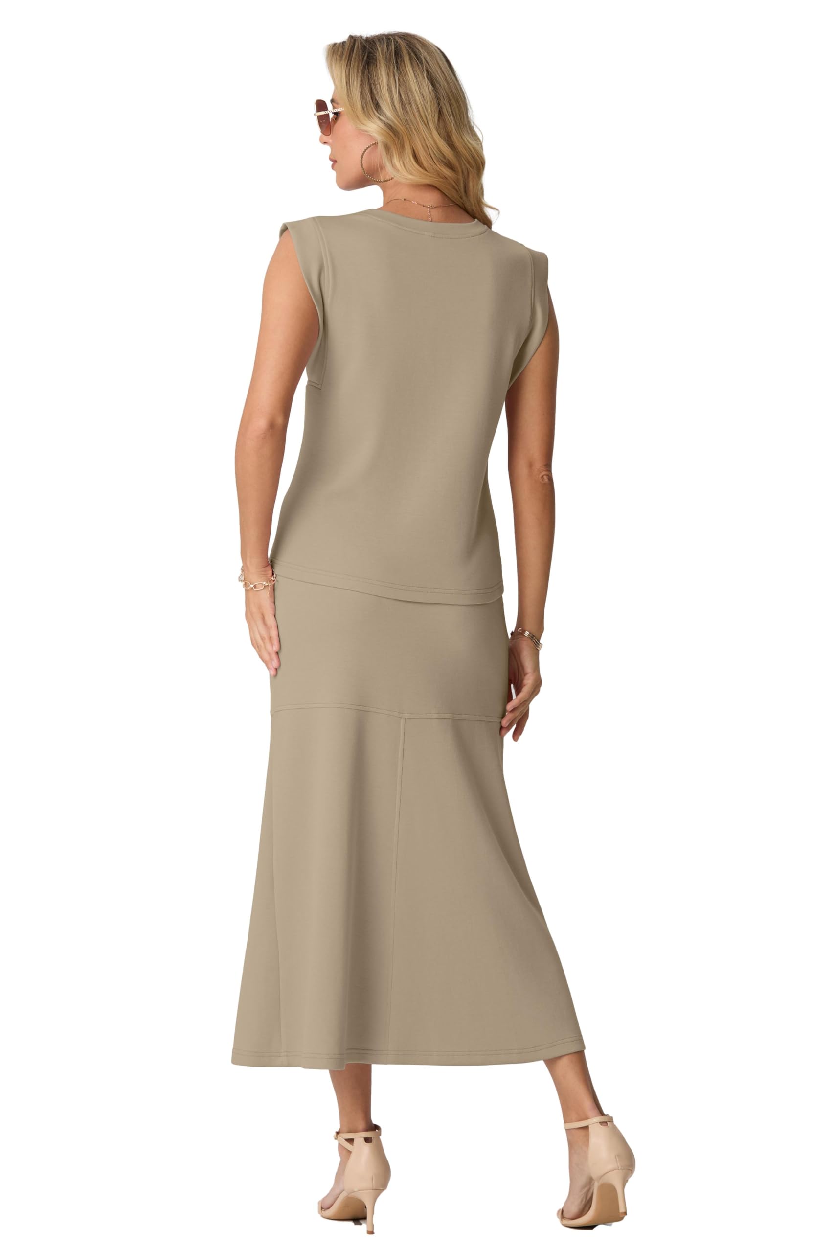 GRECERELLE Zweiteilige Outfits Damen Sommer Trainingsanzug Rundhalsausschnitt Faltenfreies Oberteil und Elastischer Taillen-Midi-Fischschwanzrock mit Taschen