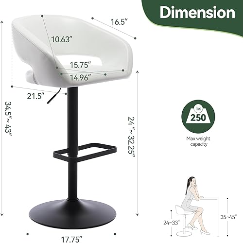 Miniatura 103 de Vogue Furniture Direct Taburete de bar ajustable con respaldo y brazos huecos, moderno taburete giratorio de piel sintética, silla de barra de Negro