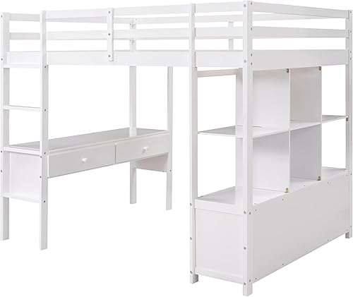Miniatura 131 de Cama alta funcional tamaño individual con 2 cajones y 2 armarios, base de cama de madera maciza con barandilla de seguridad y escalera de