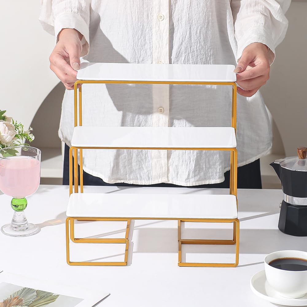 12inch 8 Set of Plates with Metal standsy Set, Serving Trays Party Divided Tray, Used for Displaying Vegetables, Fruits and Desserts Cake, Golden and White Version