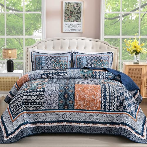 WONGS BEDDING Navy Blue Quilt Set Full Size,Bohemian Patchwork Bedspread Coverlet Set, Reversible Farmhouse Floral Pattern Bedspreads Bedding Set for All Seasons (78