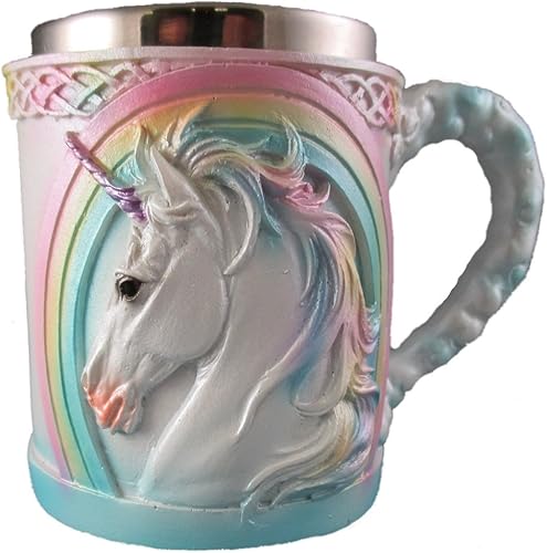 Taza de café con motivo de unicornio arco iris, Taza de té con motivos fantásticos, Vaso de acero inoxidable fantasía, Diseño medieval de nudo Celta