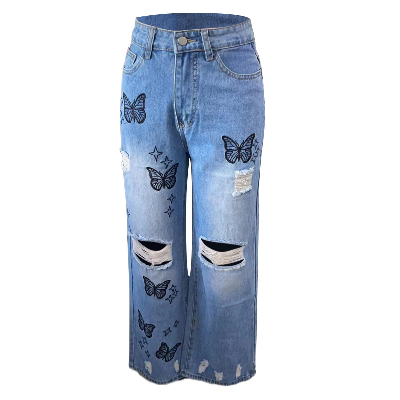 Générique Pantalon De Grossesse à la déchiré et brodé pour Dames Pantalon Molleton (Blue, L)