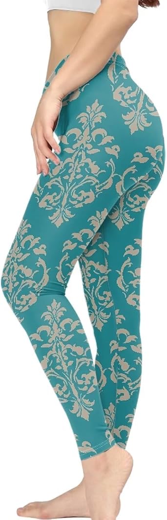 Ditsy Floral Womens Tummy Control Casual Leggings, Baroque Damask Turquoise No See Through Cycling Yoga Pants