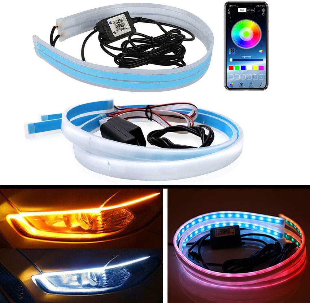 DIBMS Flexible Car Led Light Strip 24 Inches 60cm LED Daytime Running Lights Amber White Strip and App Control RGB Strip Light Kit for Car Switchback Headlight Decorative Lamp Turn Signal Tube Lights