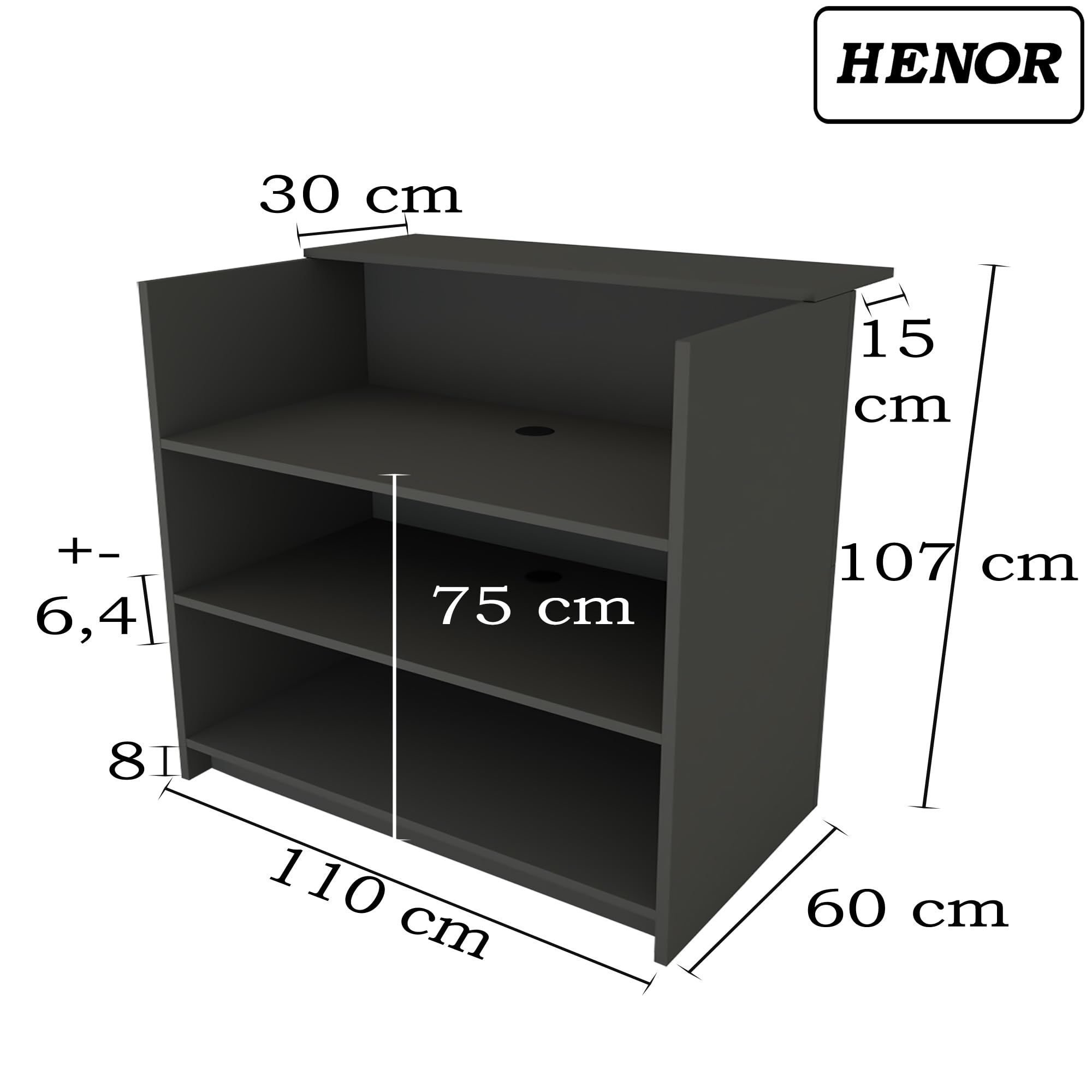 Henor Mostrador Tirón. 110 x 50/65 x 107 cm. con Mesa y Estante Interior. Ideal para Recepción Atención Oficina Comercio Negocio Local Comercial. Grafito.
