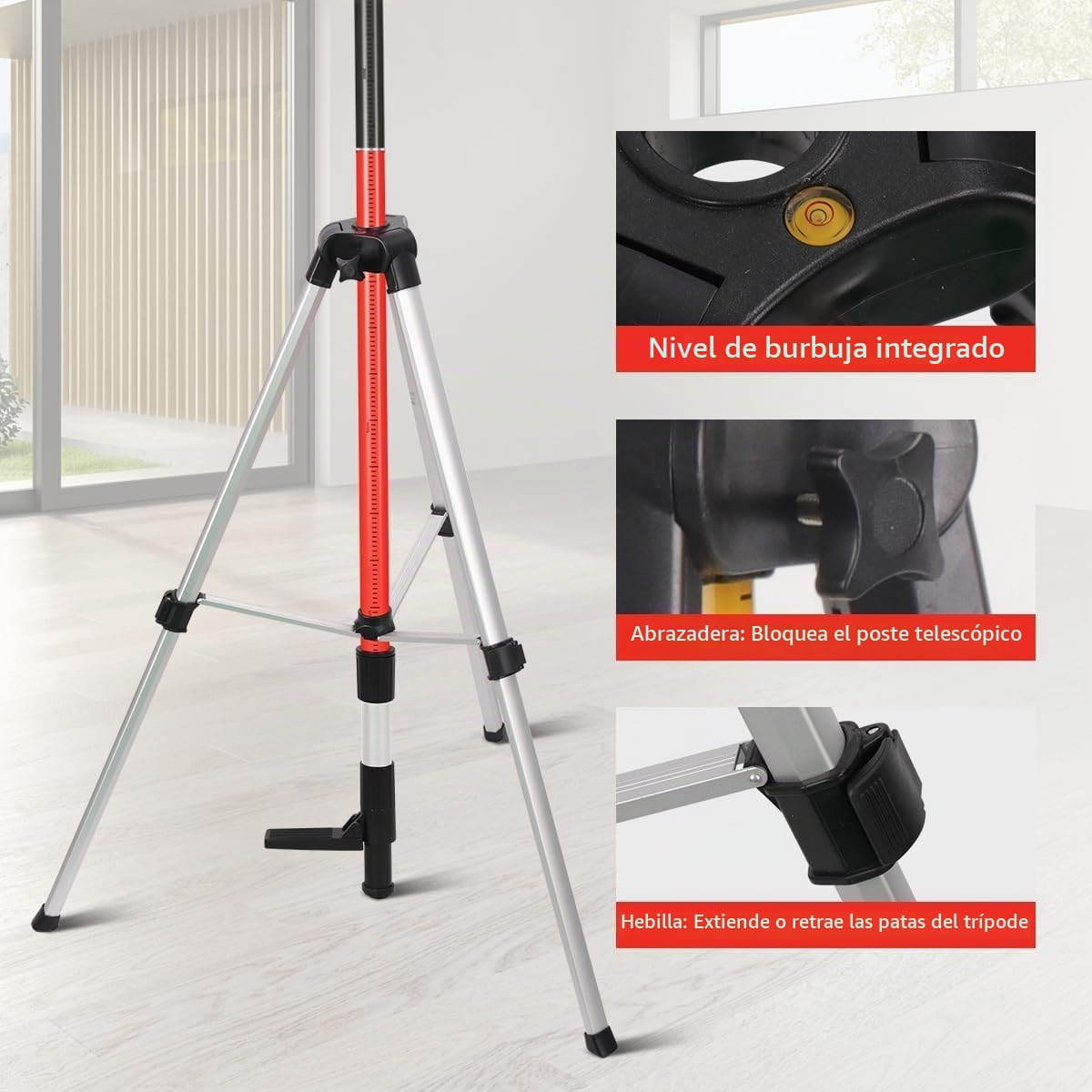 Barra de nivelación láser telescópica con trípode, extensible hasta 4,2 m, con soporte láser de 1/4 x 20 pulgadas, incluye tuerca adaptadora de 5/8"-11, color rojo