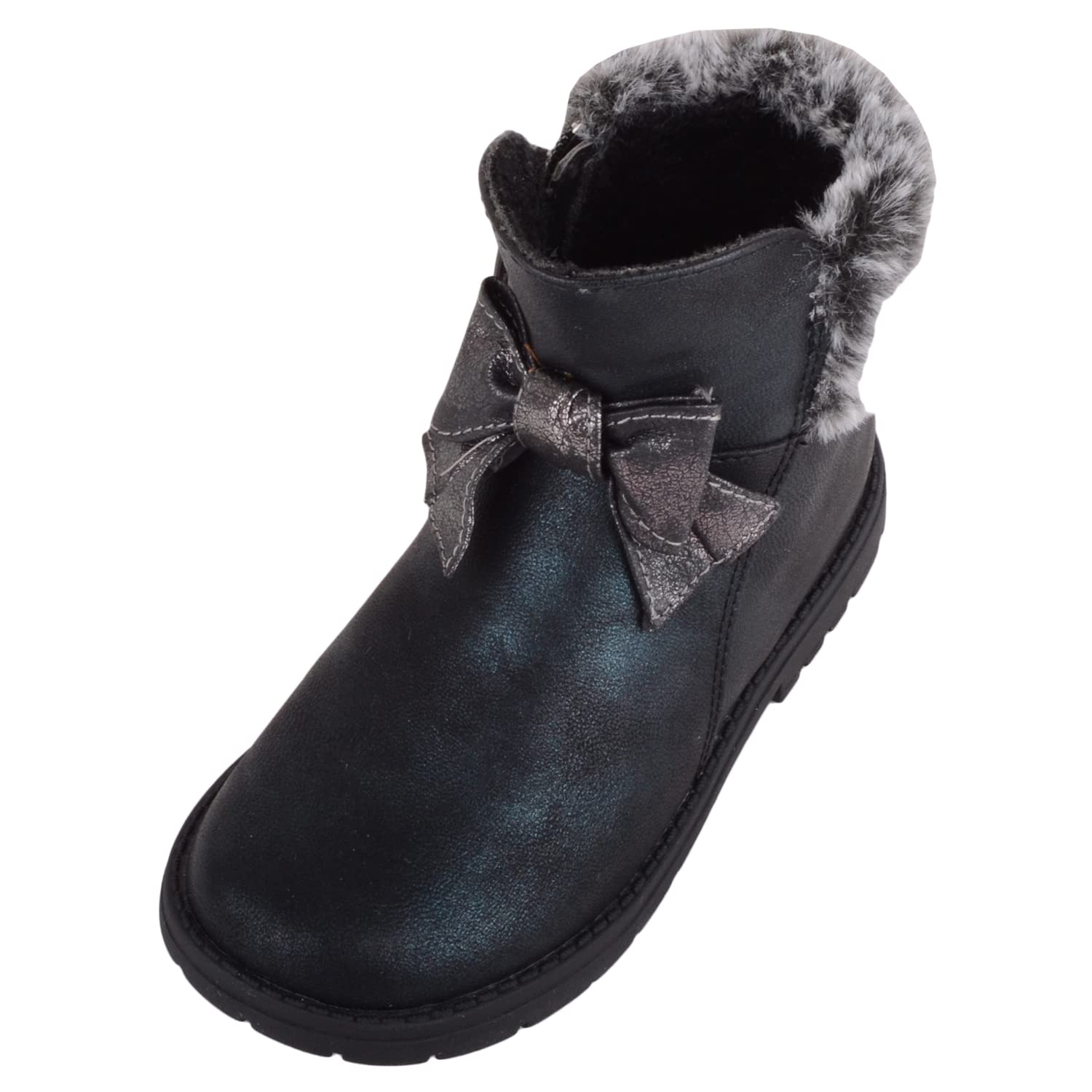 ABSOLUTE FOOTWEAR Childrens Kids Infant Girls Easy Slip on Zip Up Faux Fur Lined Bow Design Boots Booties - Black - US Infant 9