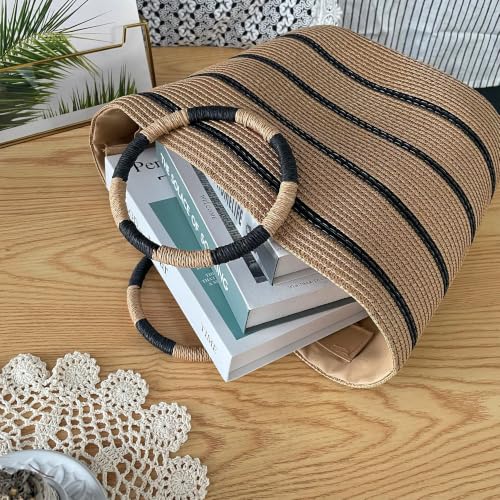 Image of Eiyye Large Woven Tote Bag for Women Straw Tote Bag Woven Stripe Handbag Travel Vacation Purse for Shopping Picnic Work