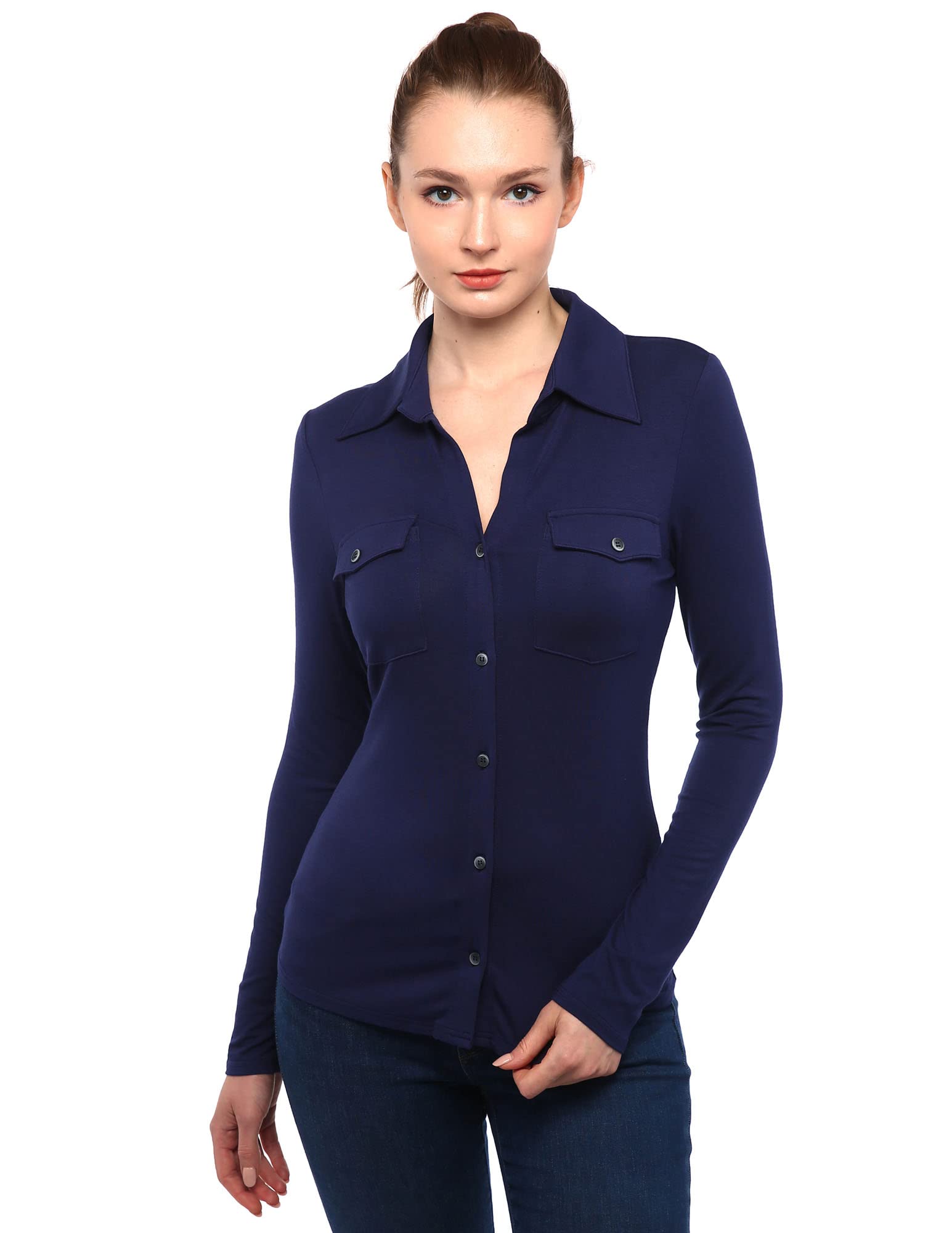 AmélieBoutik Women Collar Button Up Short/Long Sleeve Blouse Shirt, Navy Blue, L