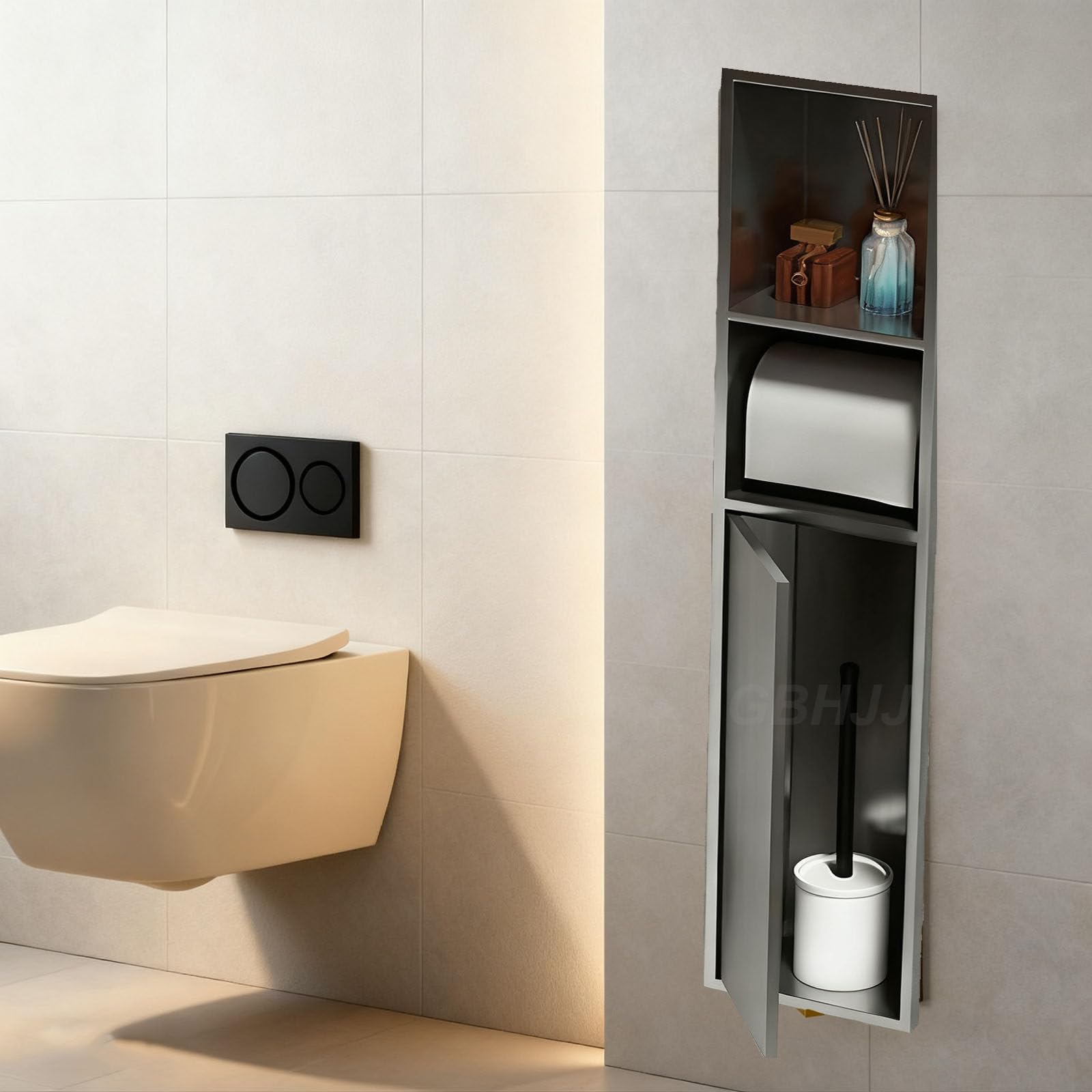 Recessed Toilet Paper Holder and Storage Cabinet for Bathroom Organization