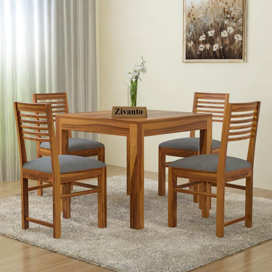 Image of Sheesham Wood Dining Table 4 Seater | Square Four Seater Dinning Table with 4 Grey Cushion Chairs for Home | Wooden Kitchen Dinner Table 4 Seater | Dining Room Sets for Restaurants | Teak