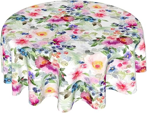 Sweetshow Mantel redondo floral de acuarela de 60 pulgadas para primavera y verano color rosa mantel rústico verde para cocina mesa de comedor sala