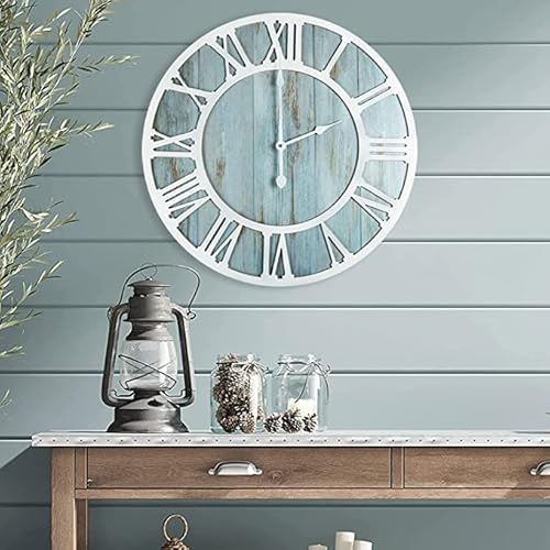 Wood Wall Clock Farmhouse Style Metal Silent Non Ticking Round Rustic Beach Blue Solid Wooden Noiseless Wall Clocks with Roman Numerals for Living Room Decor,Dining Room,Kitchen,Office (40CM)… - Image 6