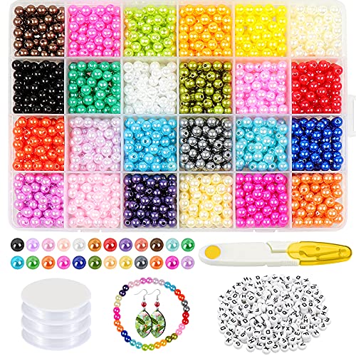 Yotako 1680Pcs Pearl Beads, 6mm Glass Pearl Beads Colorful Loose Spacer Beads with Hole with 130Pcs Letter Alphabet Beads 3Rolls Elastic Bracelet String Cord 1Pc Scissors for Necklace Bracelet Making