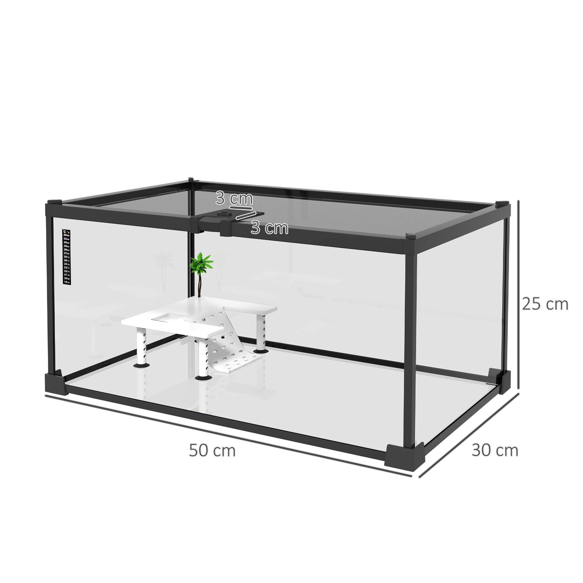 PawHut Boîte à Reptiles Terrarium Habitat Transparent 50x30x25 cm Blanc avec Couvercle Coulissant Treillis métallique