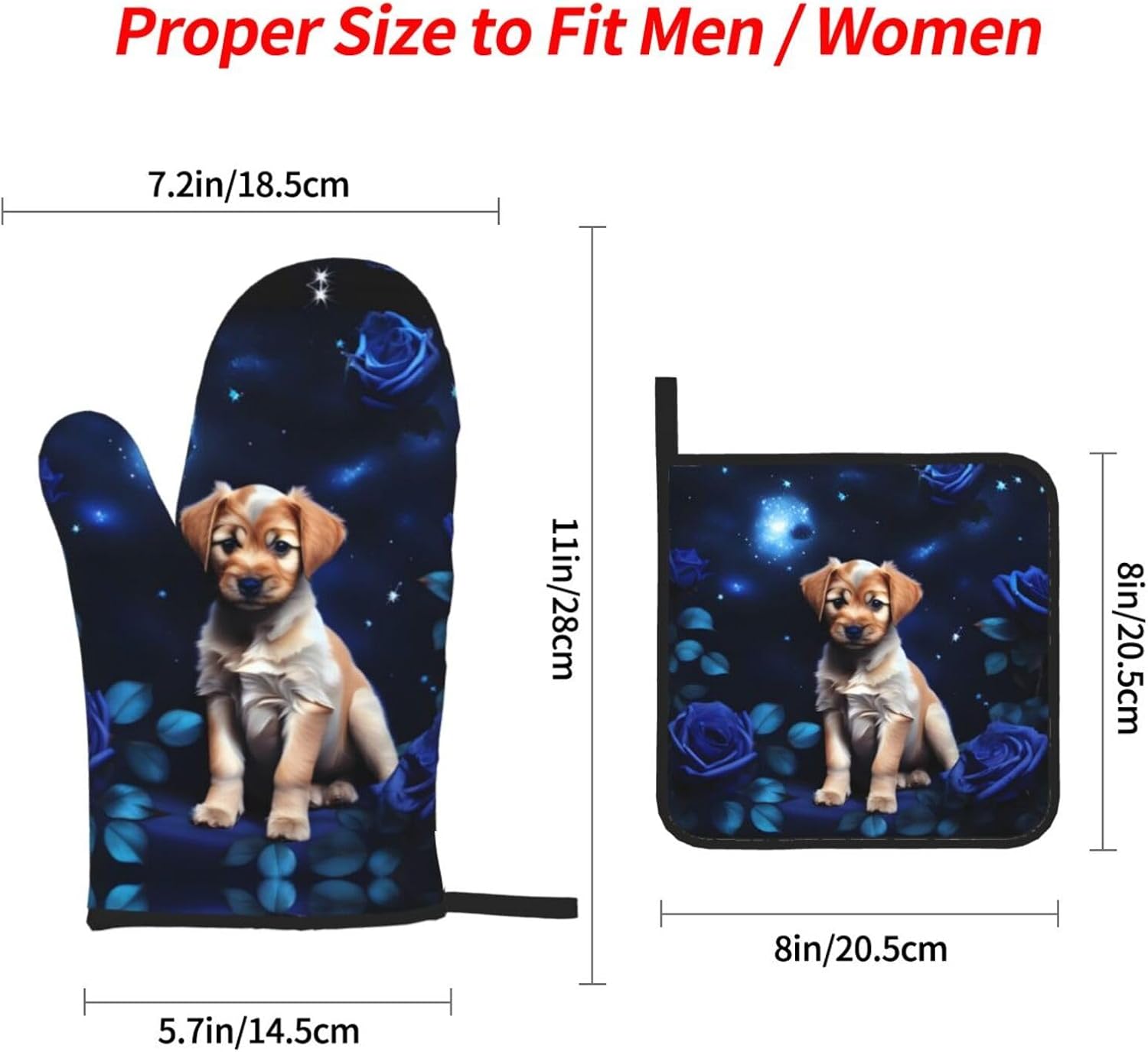 Puppy Blue Rose Oven gloves and heat-resistant mat 4-piece set. Suitable for grilling, microwave oven frying, and baking