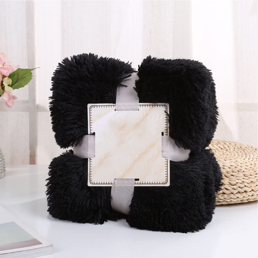 ENEN Manta Sofa/Cama Pelo Largo - Manta Pequeña de Peluche, Manta Cubre Sofa Invierno Reversible con Piel Sintética Suave y Polar con Microfibra Suave (80x120cm,Negro)