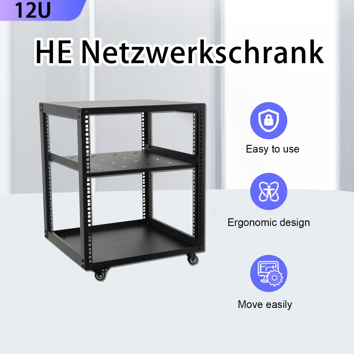 Rack de Serveur à Cadre Ouvert 12U Support de Serveur réseau autoportant, Universal 19 Pouces Rack Serveur Mobile avec 4 Roues pour équipement IT/réseau