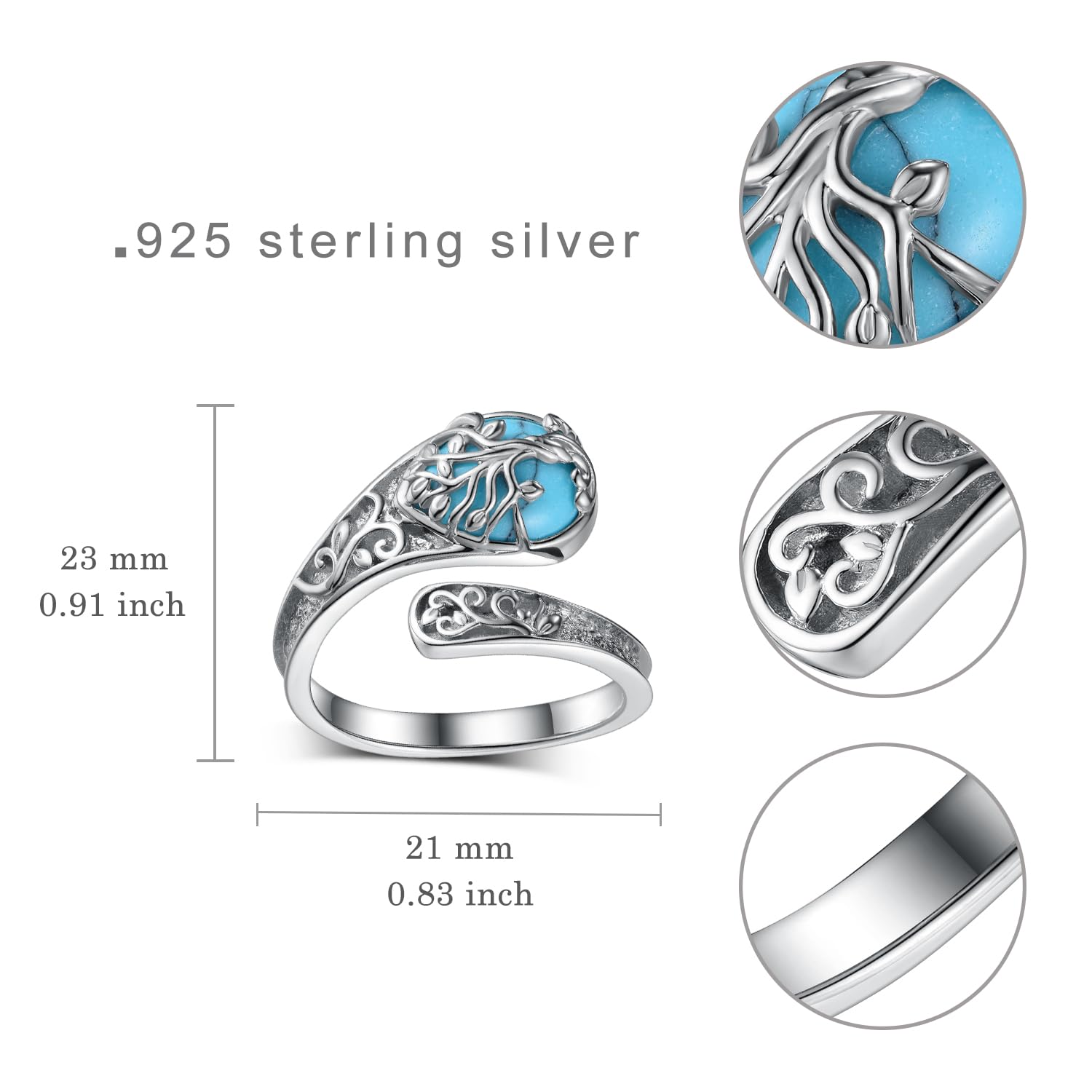 925 Sterling Silber Türkis Lebensbaum Löffelring für Frauen – Löffelring Vintage, Türkis Schmuck Geschenk für Frauen und Männer