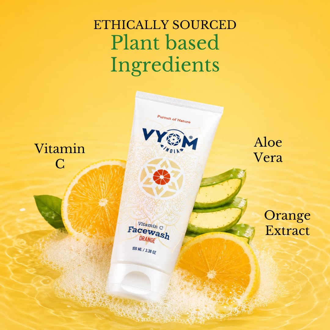 Vyom India Vitamin C Face Wash 100ml for Women & Men Orange Face Wash for Glowing & Hydrating Skin, Improves Skin Tone, Fades Dark Spots, Sulphate & Paraben Free 100% Organic & Natural 3