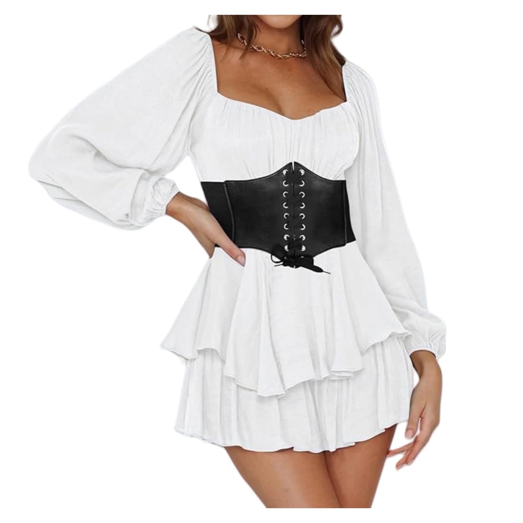 Pirate Costume Women's Corset Dress Renaissance Victorian Dress Short Mini Dress Off Shoulder White Dress with Corset Pirate Dress Chiffon Tiered Dress Casual Dress Carnival Cosplay Pirate Costume Toys &