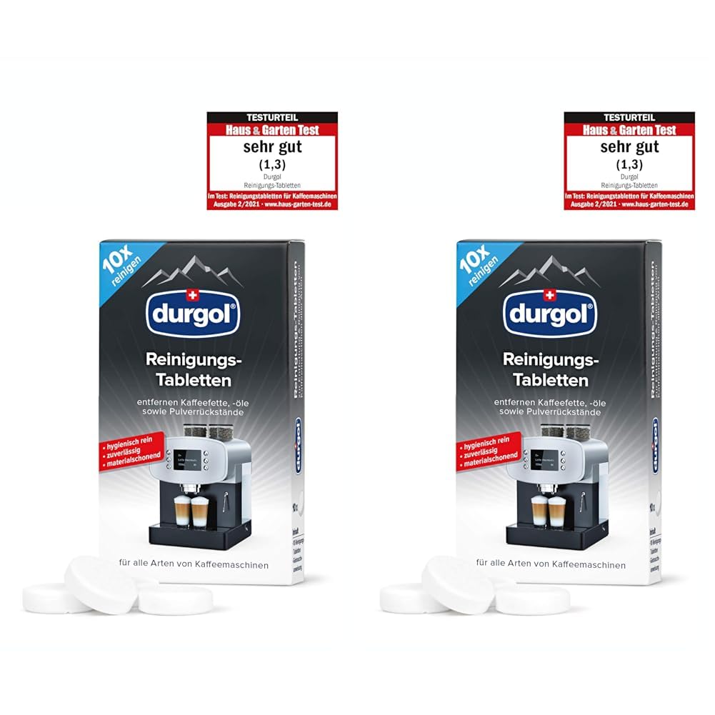 durgol Reinigungs-Tabletten – Reinigt, schützt und pflegt Kaffeemaschinen aller Typen und Marken – Biologisch abbaubar – Deutsche Version – 1 x 10 Tabletten (Packung mit 2)
