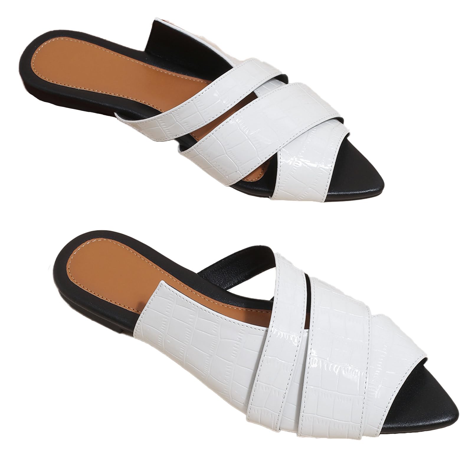 WYUETRA Women's Leather Fashion Flat Slides Sandals Comfort Summer Slip On Pointed Open Toe Slingback Casual Sandals for Outdoor Party Walking Beach