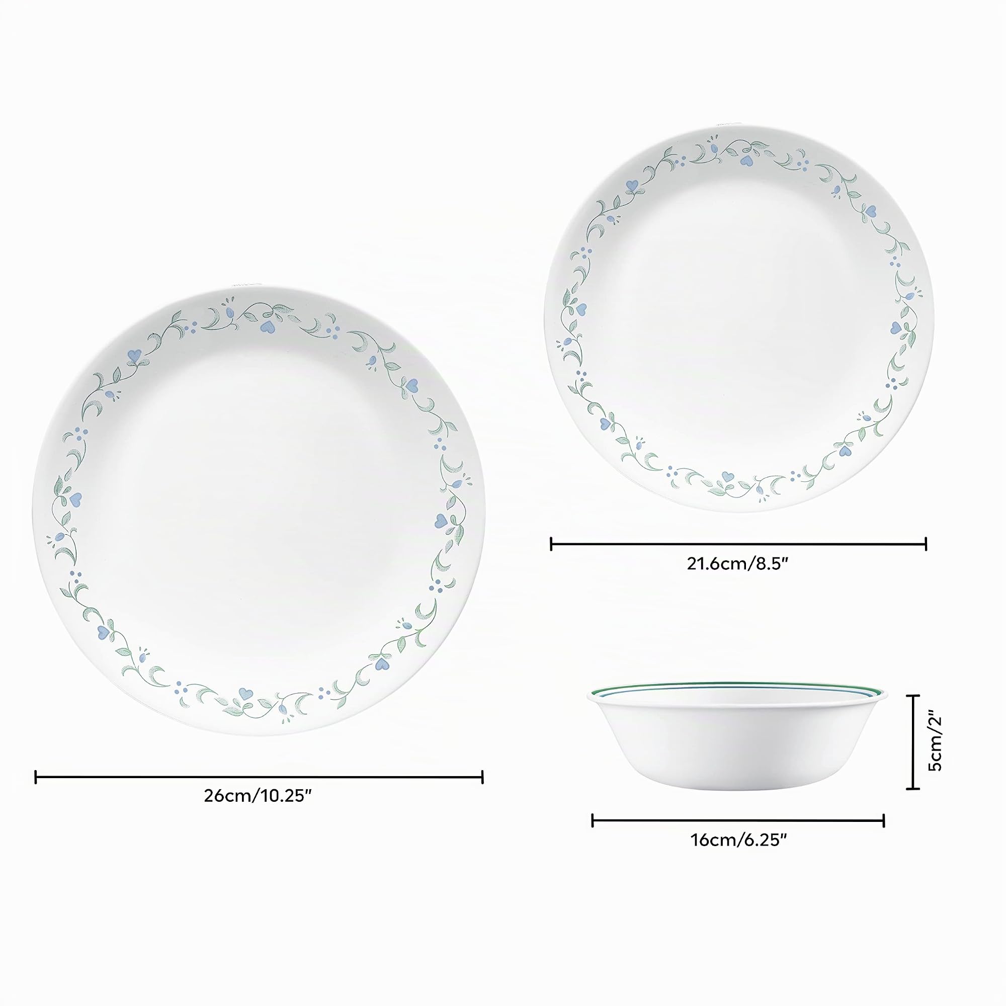 Corelle Juego de vajilla (juego de 12 piezas, casa de campo) - Juego de vajilla para 4 4 x: platos llanos, platos laterales y cuencos 3 veces más duraderos, la mitad del espacio y el peso de la