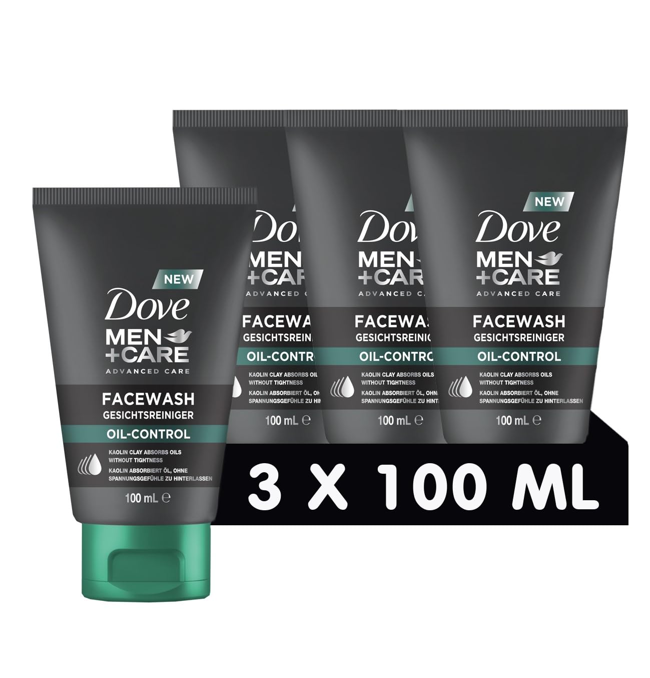 DOVE MEN + CAREFacial Cleanser Oil Control – Protects, Reduces Skin Shine & Minimises Pores Without Greasing, 3 x 100 ml