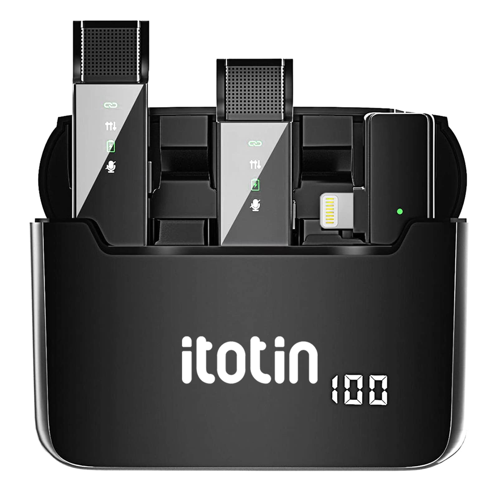 ITOTIN Wireless Lavalier Microphone system with charging case, two transmitters, and one receiver.