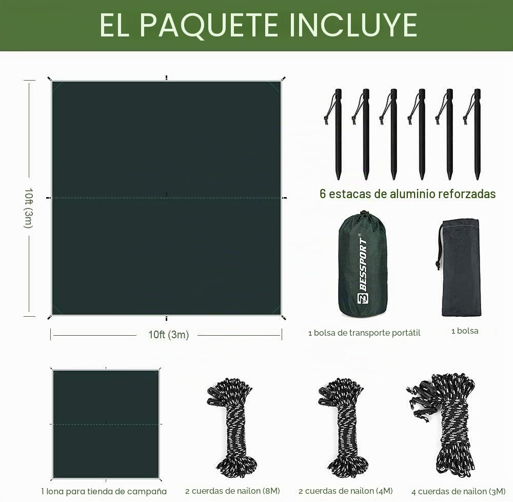 Bessport Toldo de Refugio Impermeable 3M*3M, Impermeable PU 3000mm, UV 50+ Protección Tienda de Campaña Tarp, Adecuado para Acampar al Aire Libre Tienda Playa Hamaca