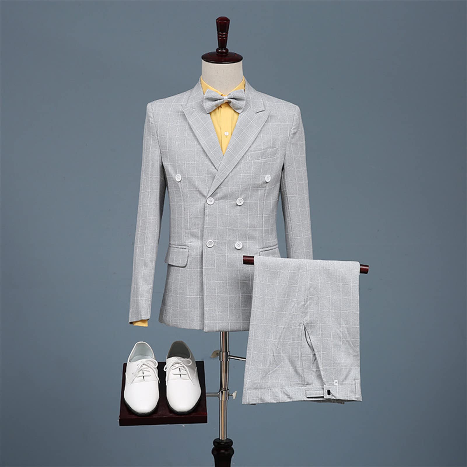 Mens Plaid 2 Pieces Tuxedo Suit Checked Single Breasted One Button Blazer Set Slim Fit Formal Jacket Vest & Pants (Grey 2,3X-Large)