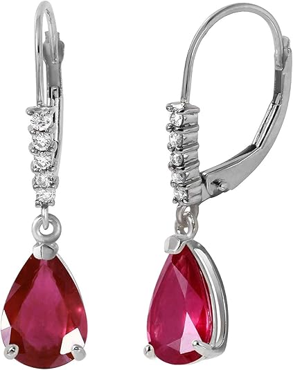 14k Solid White Gold Leverback Earrings 3.15 ct Rubies Diamonds