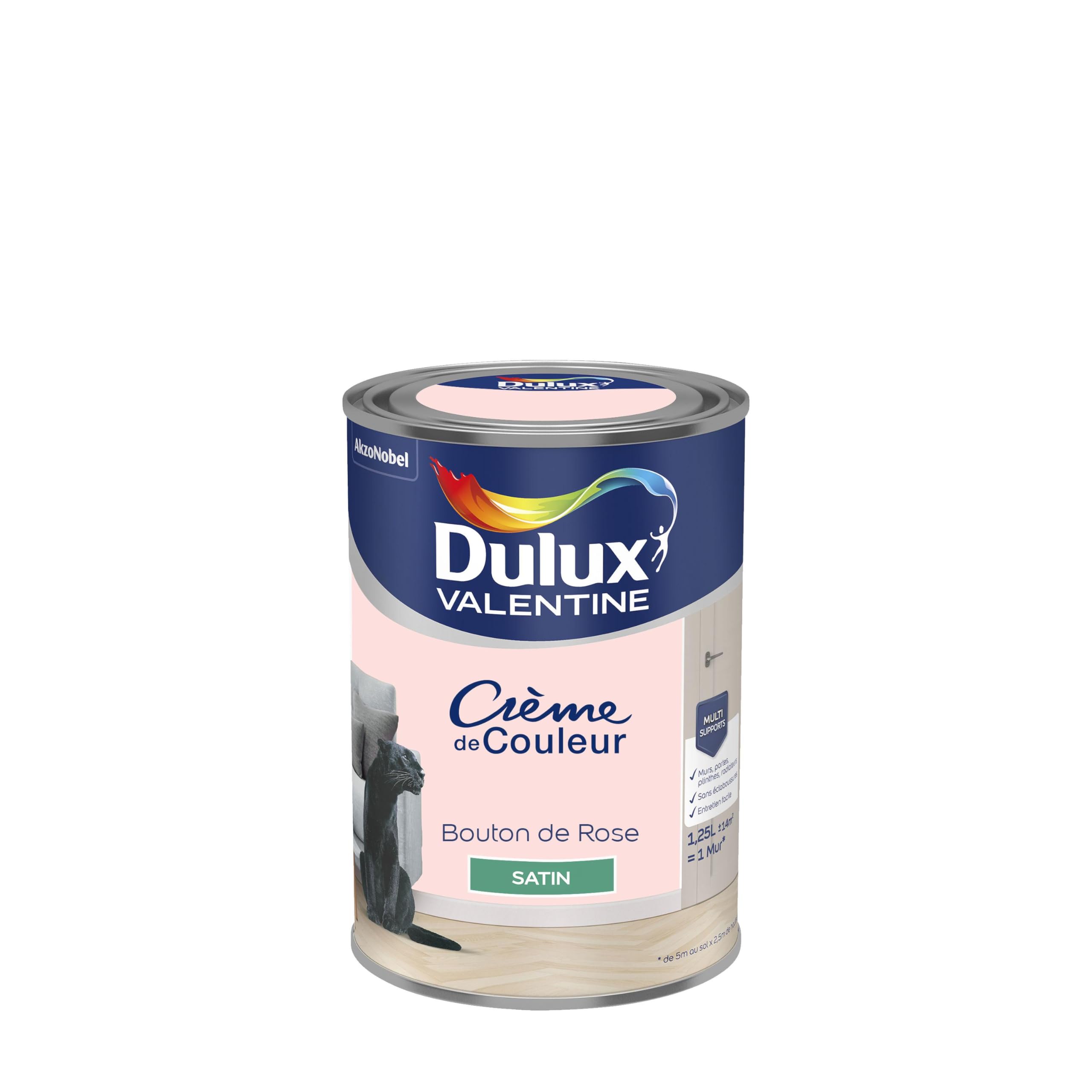 Dulux Valentine Crème de Couleur - Peinture multi-​supports intérieure - Satin Bouton de Rose 1,​25 L