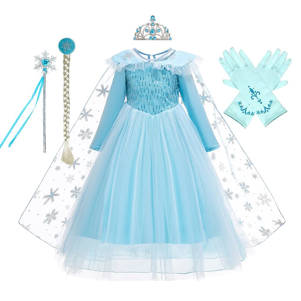 CinheyU Vestidos de Princesa Elsa para Niñas Frozen Disfraz de Carnaval Cumpleaños Boda Fiesta Navidad Ceremonia Traje de Halloween Mascarada Cosplay Vestir con Accesorios