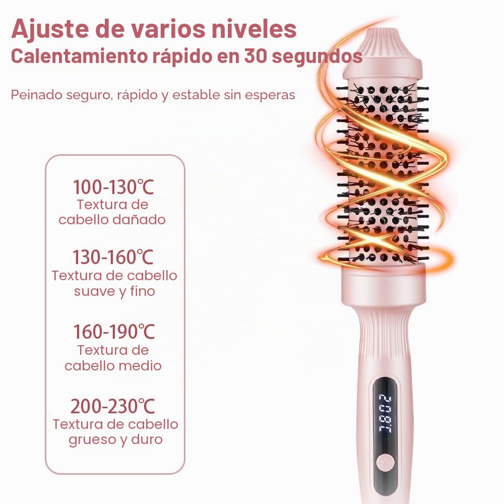 Thermal Brush Cepillo Térmico Redondo, Cepillo Rizador Calentado de 38mm, Peine Alisador de Cabello, PTC Redondo Cepillo de Pelo Caliente para Rizado y Cabello Liso, 100-230 ℃, Cable 2M, Doble Voltaje