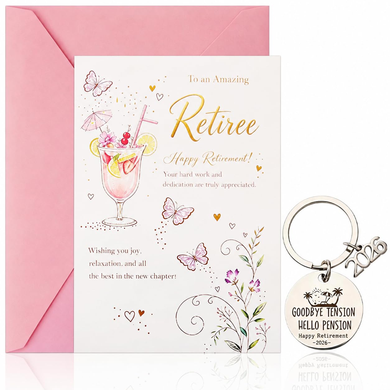 Wasise Retirement Card for Women and Keyring Set - Happy Retirement Card with Pink Envelope, Leaving Gifts for Colleagues Friends, Congratulations Retired Gifts, Cocktail and Butterfly Greeting Cards
