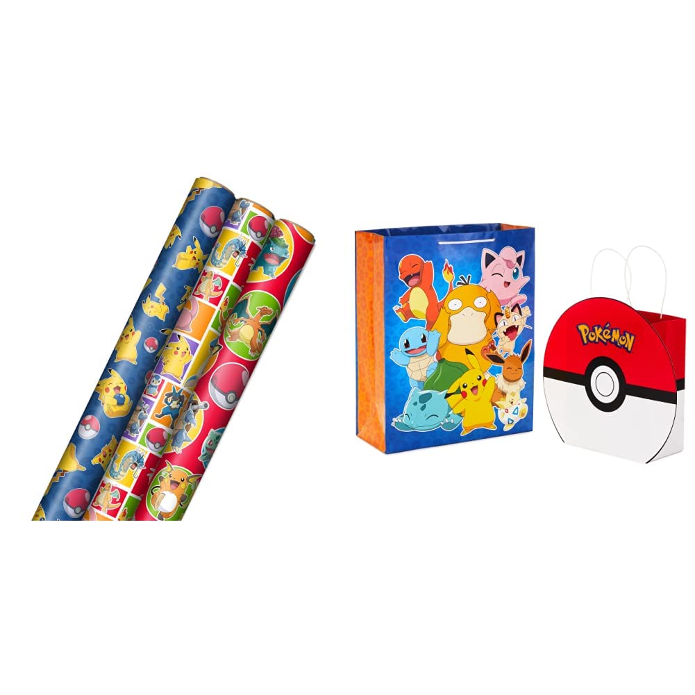 HallmarkPokémon Wrapping Paper with Cutlines on Reverse (3 Rolls: 60 Sq. Ft. Ttl) & Pokémon Gift Bag Bundle (9" Medium PokéBall and 15" Extra Large Pikachu), Halloween