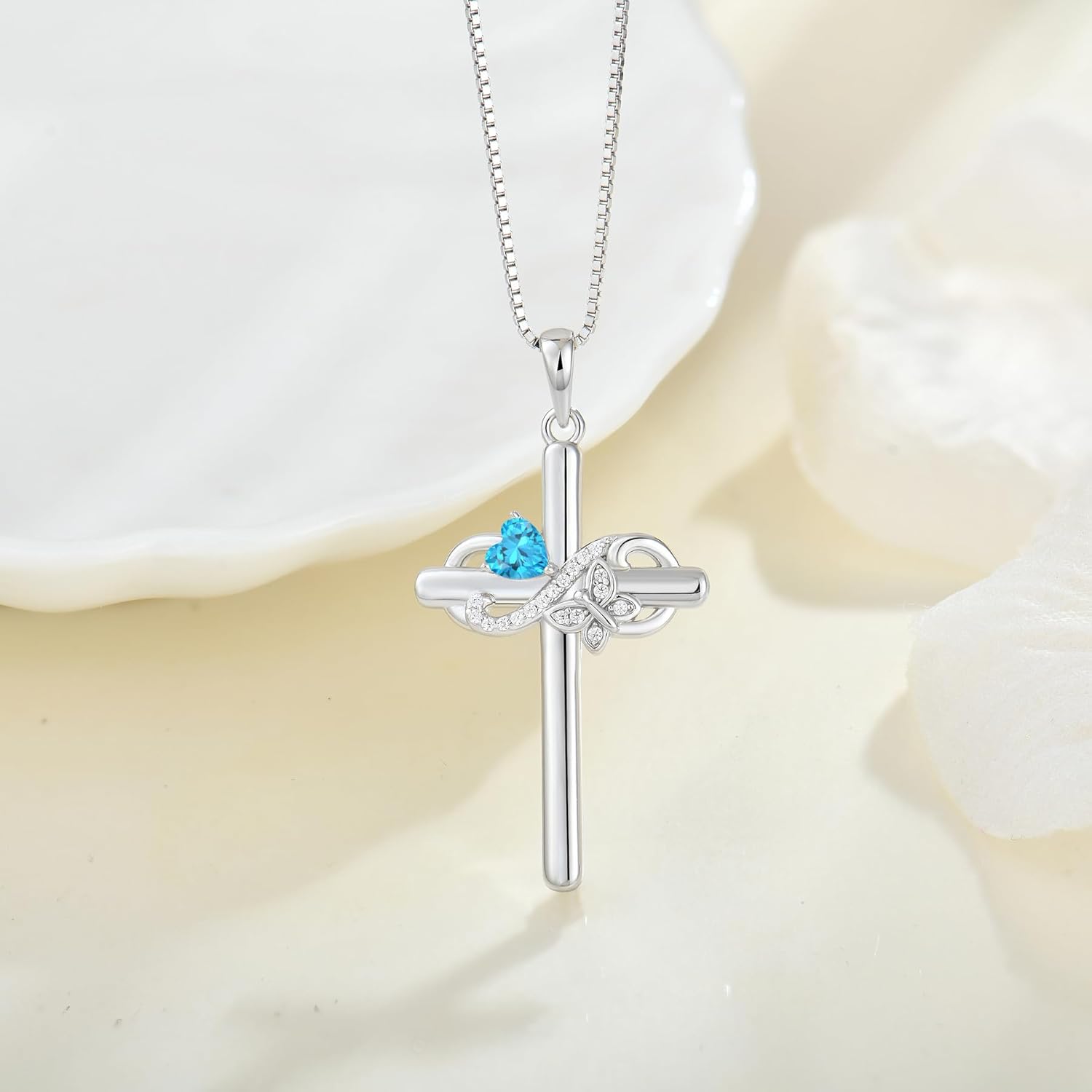 Infinity Butterfly Cross Necklace for Women 925 Sterling Silver Christian Religious Crucifix Pendant Birthstone Jewelry Gifts for Her