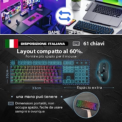 RK61 Tastiera Gaming Meccanica, 60% Tastiera Wireless 2.4Ghz/Bluetooth/USB-C RGB Backlit Interruttore Rosso Hot Swap Double-Shot Keycaps Compatibile con Win/Mac, Nero(QWERTY Layout Italiano) - Tastiera gaming - Immagine 7