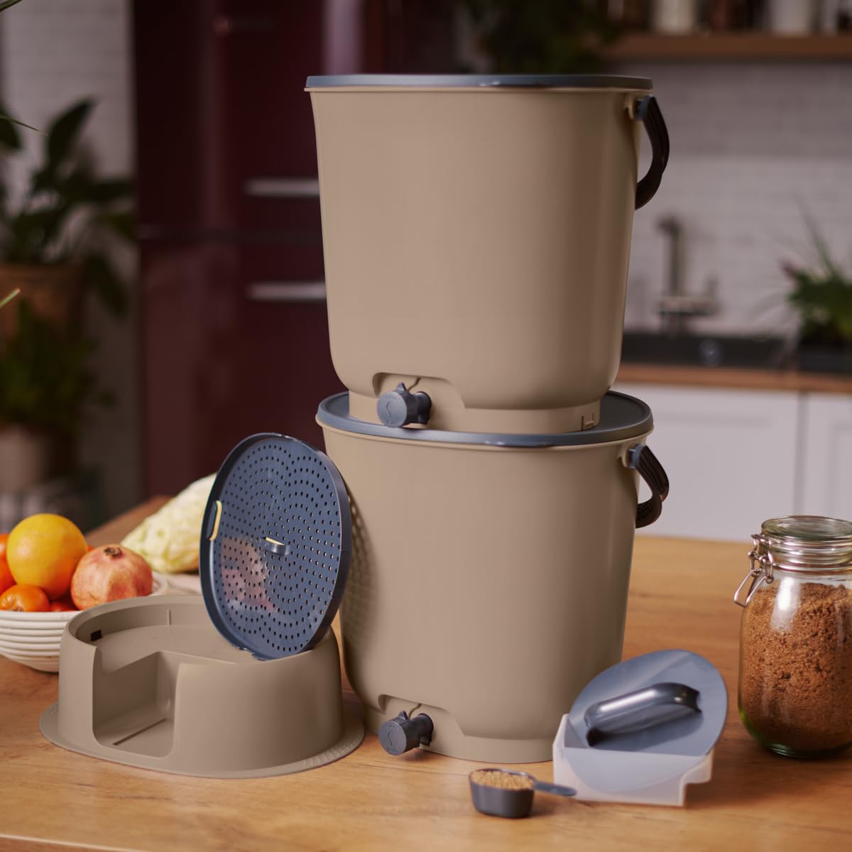 Lot de 2 composteurs Bokashi Essential 15,3L+1kg de Brain+1 Base-Capuccino
