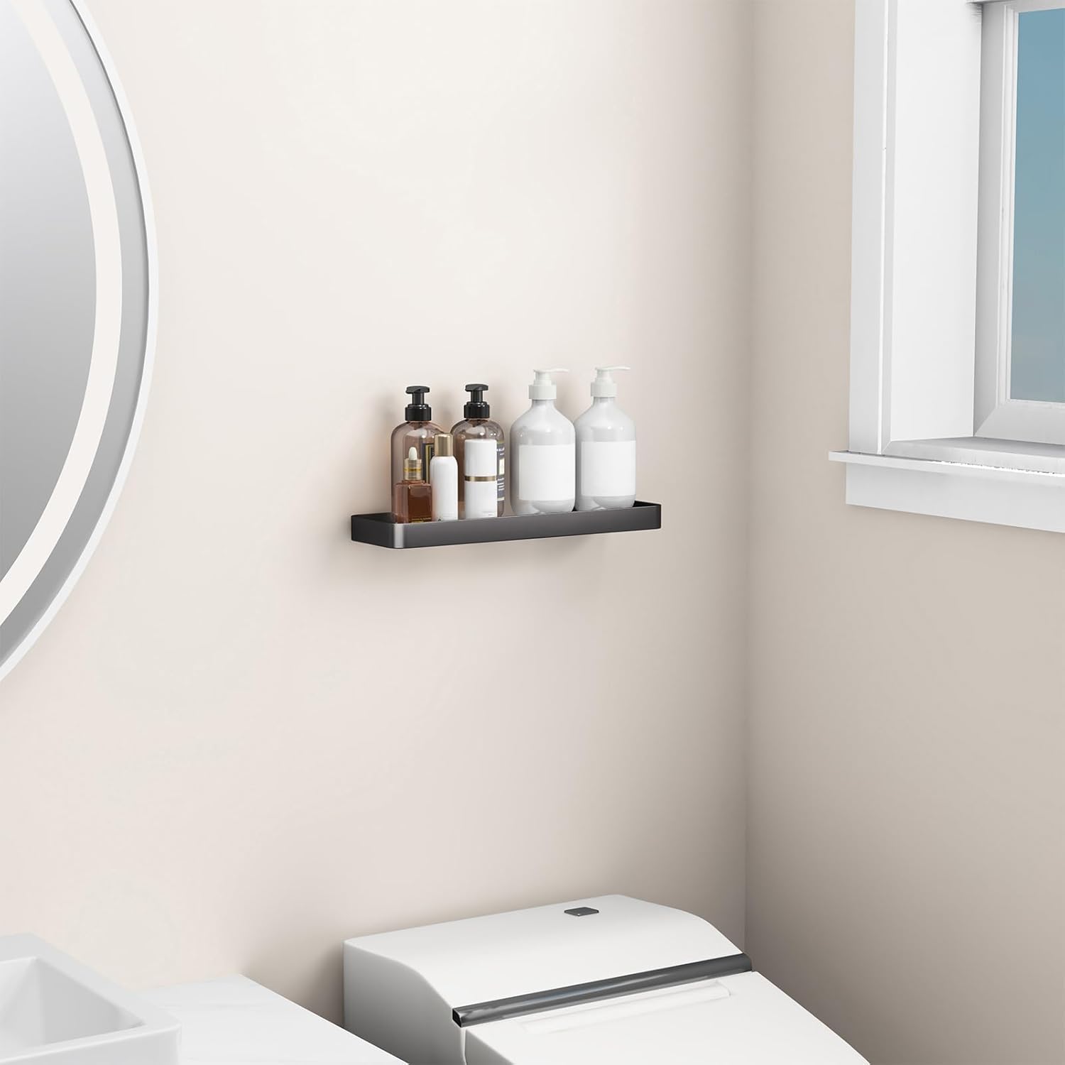 Danpoo 16-Inch Wall Shelf, Clear Tempered Glass with Matte Black Aluminum Frame – Sleek Floating Bathroom Organizer