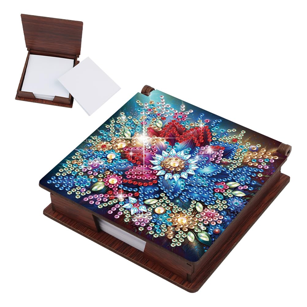 Fiorky Wooden Flowers Diamond Painting Notecard Box Gem Painting Memo Pad Holder Mosaic Kit Diamond Art Note Box with 160 Sheets of Paper for Adults Beginners