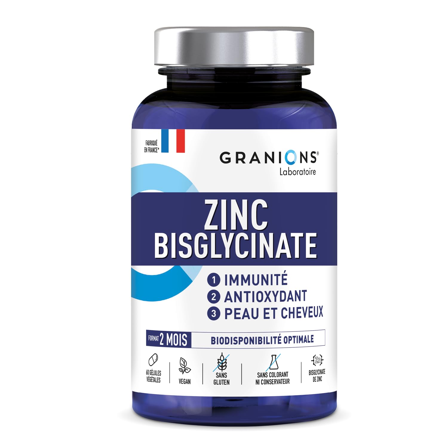 GRANIONS - Zinc Bisglycinate 15 mg - Zinc Complement Alimentaire - Format 2 MOIS - Bisglycinate - Immunité, Acne Visage - Biodisponibilité Optimale - 60 Gélules